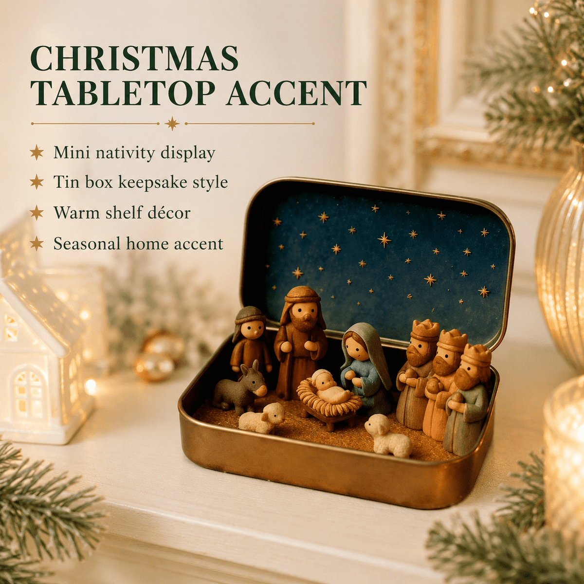 Christmas Nativity Scene in a Tin Mini Manger Scene Portable Tin Box Tabletop Decor for Mantel Shelf Fireplace Desk Holiday Decoration