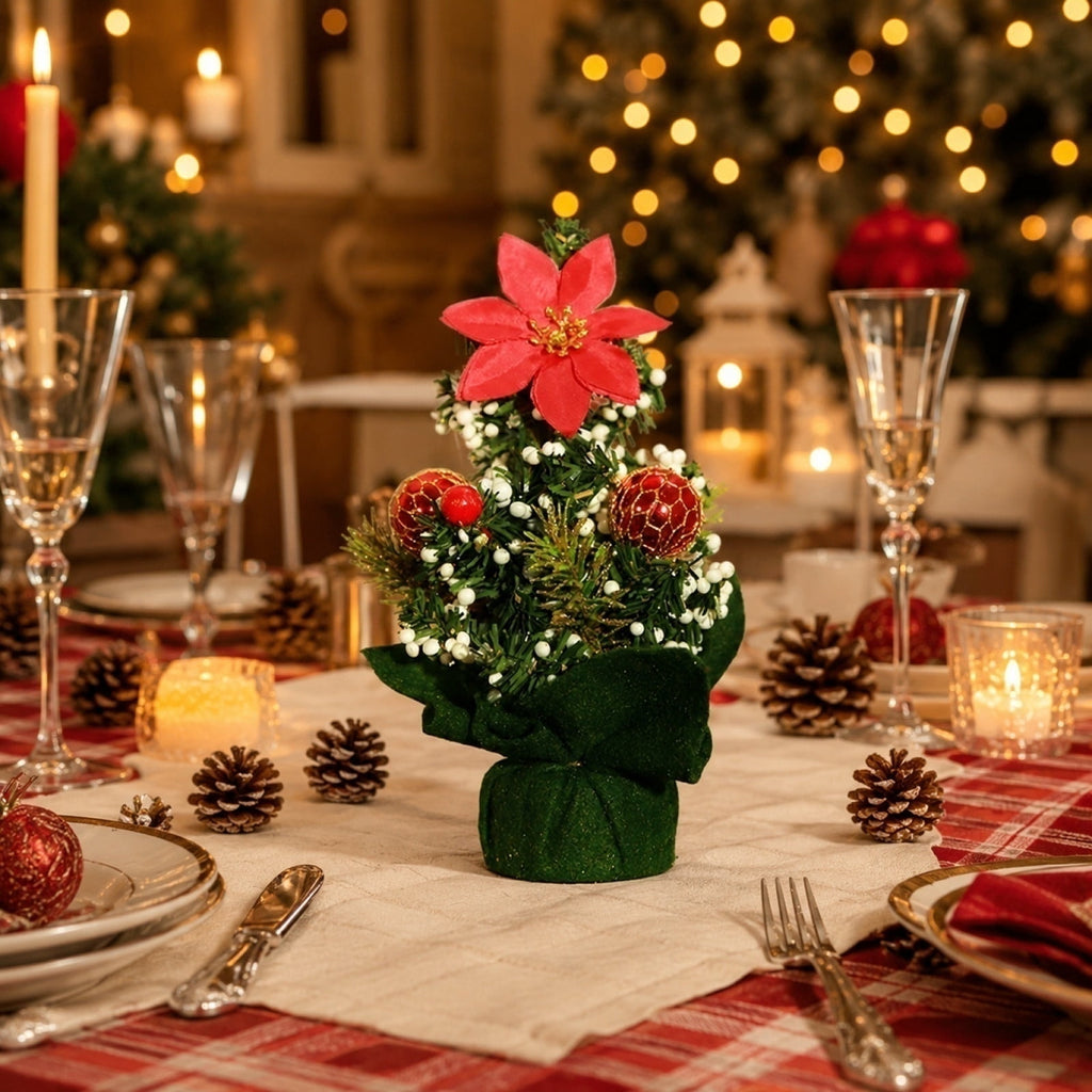 Surpdew Mini Christmas Tree Table Top Decorations- 9" Artificial Small Pine Trees with Burlap Base on Desktop, Shelves, Bedroom, Miniature Scenes Xmas for Home, Office, Party Decor