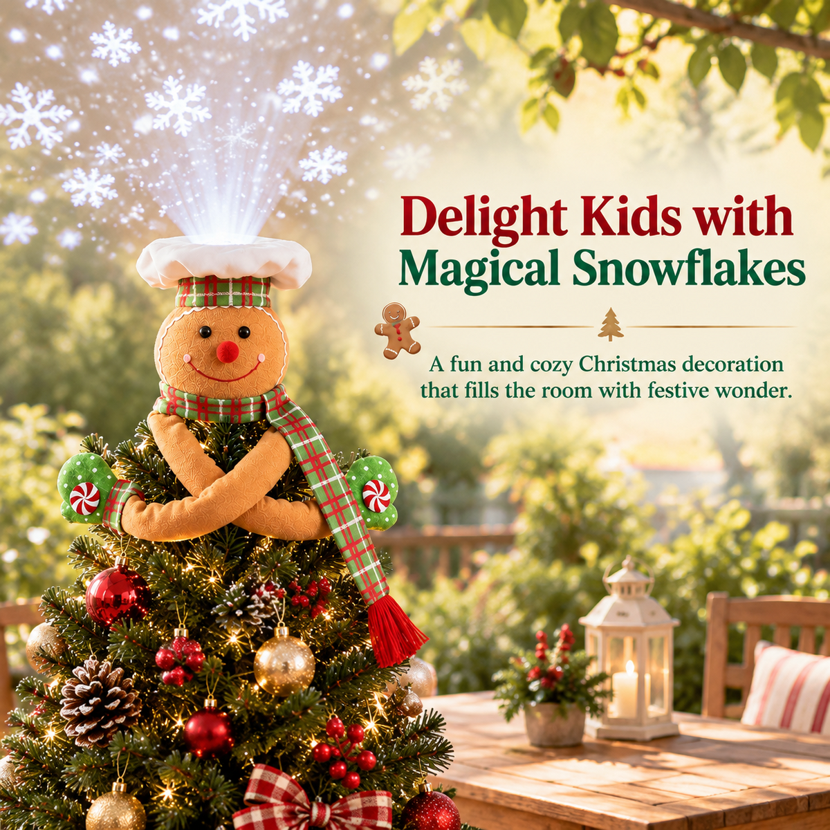 Green White Plush Gingerbread Man Christmas Tree Topper with Rotating LED Light