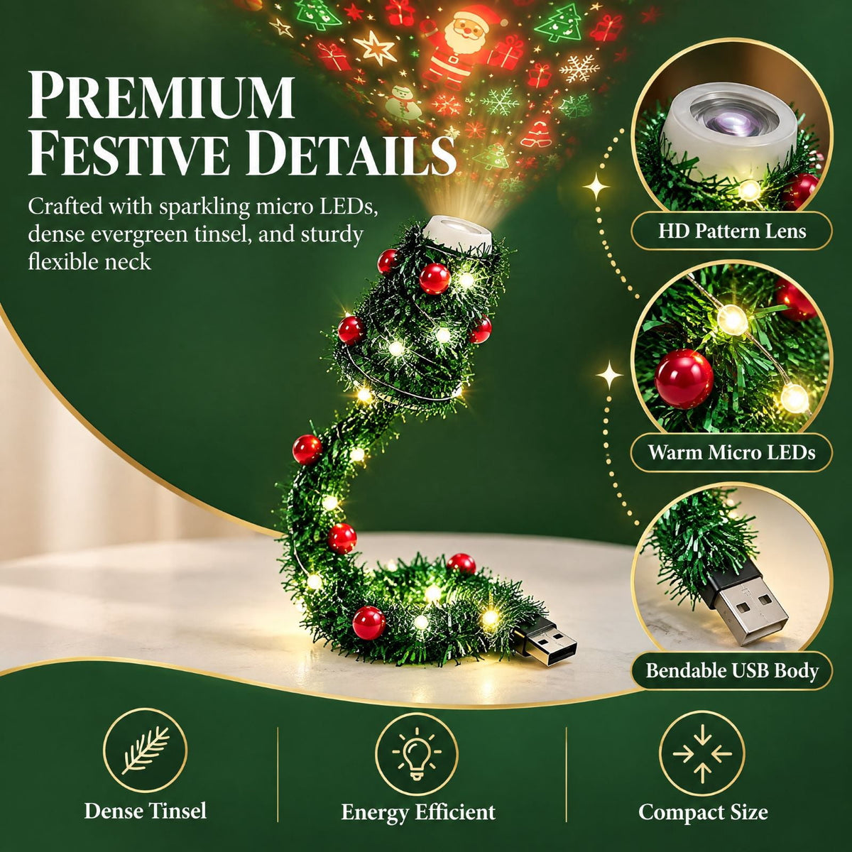Magical Christmas Projection Night Light, USB Powered Holiday Projector with Festive Wall and Ceiling Effects for Bedroom, Living Room and Christmas Party Ambiance