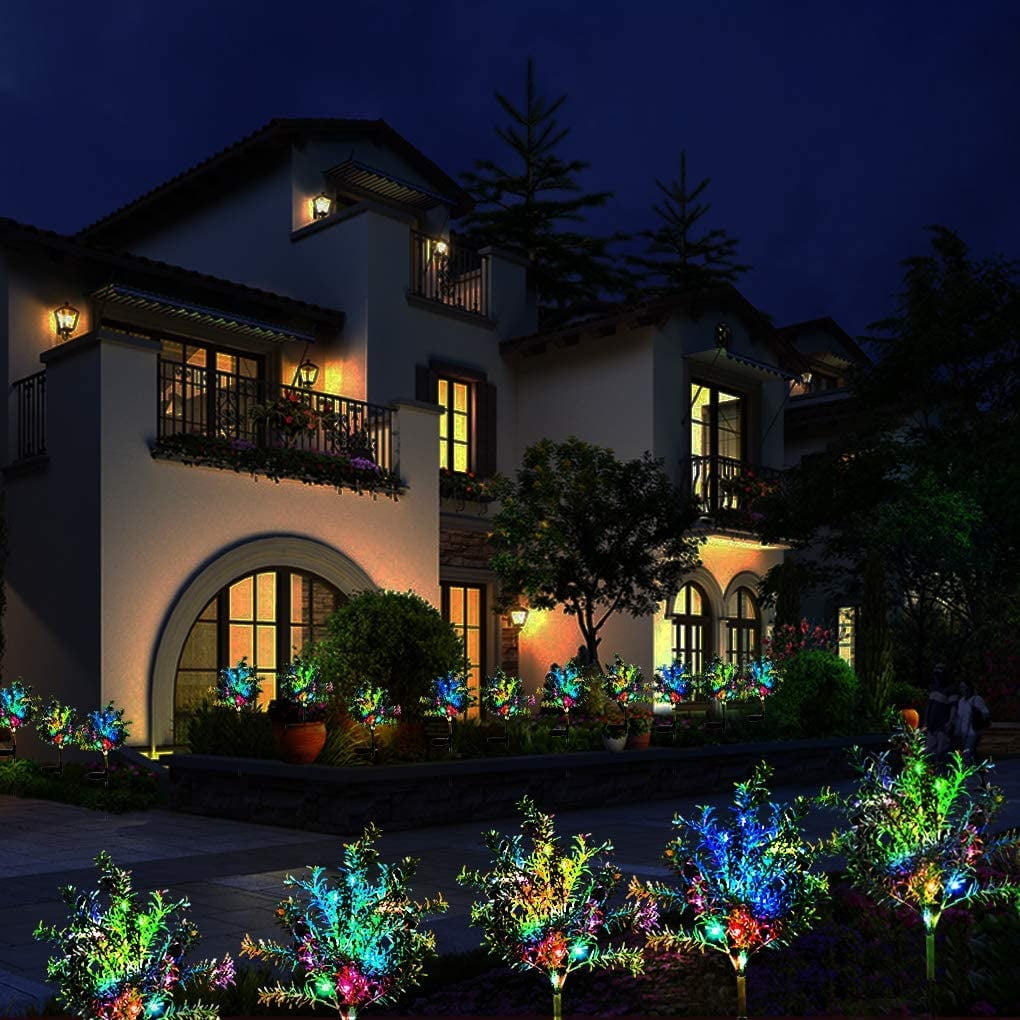 QiShi Solar Garden Lights Tree Outdoor Multi-Color Changing LED Stake Lights Flower for Garden, Patio, Yard and Decoration Solar Flickering Tree Lights (Tree,2 Pack)