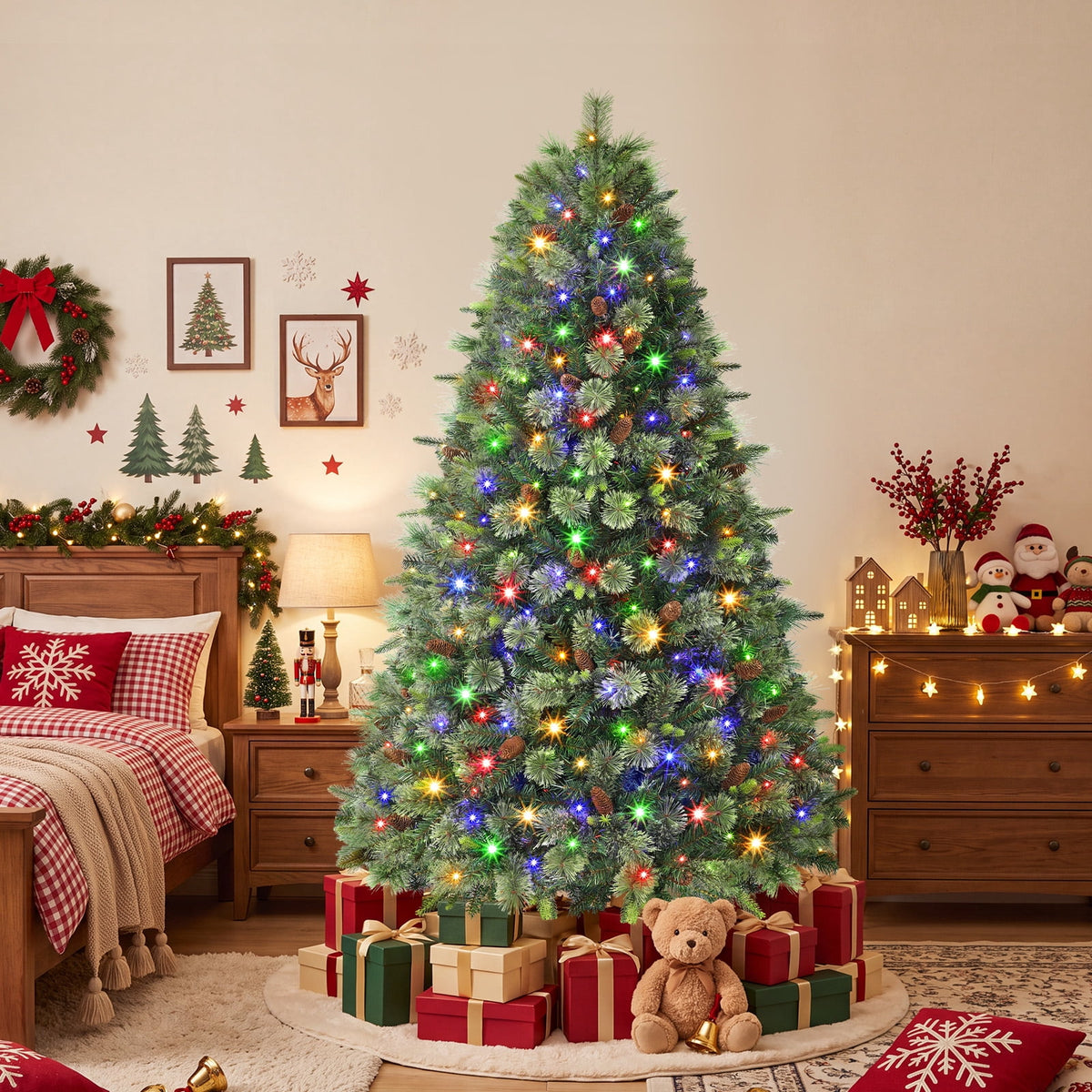 Lolsea 5.5ft Prelit PE Pine Artificial Christmas Tree with Lifelike Needles & Pine Cones, Remote Control, Warm White & Multi‑Color LED Lights