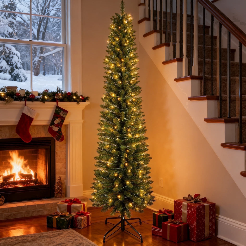 Makeatree 6 ft Pre-Lit Pencil Christmas Tree, Green Slim Skinny Spruce Xmas tree Holiday Decoration with 150 LED Lights, Metal Hinges & Foldable Base
