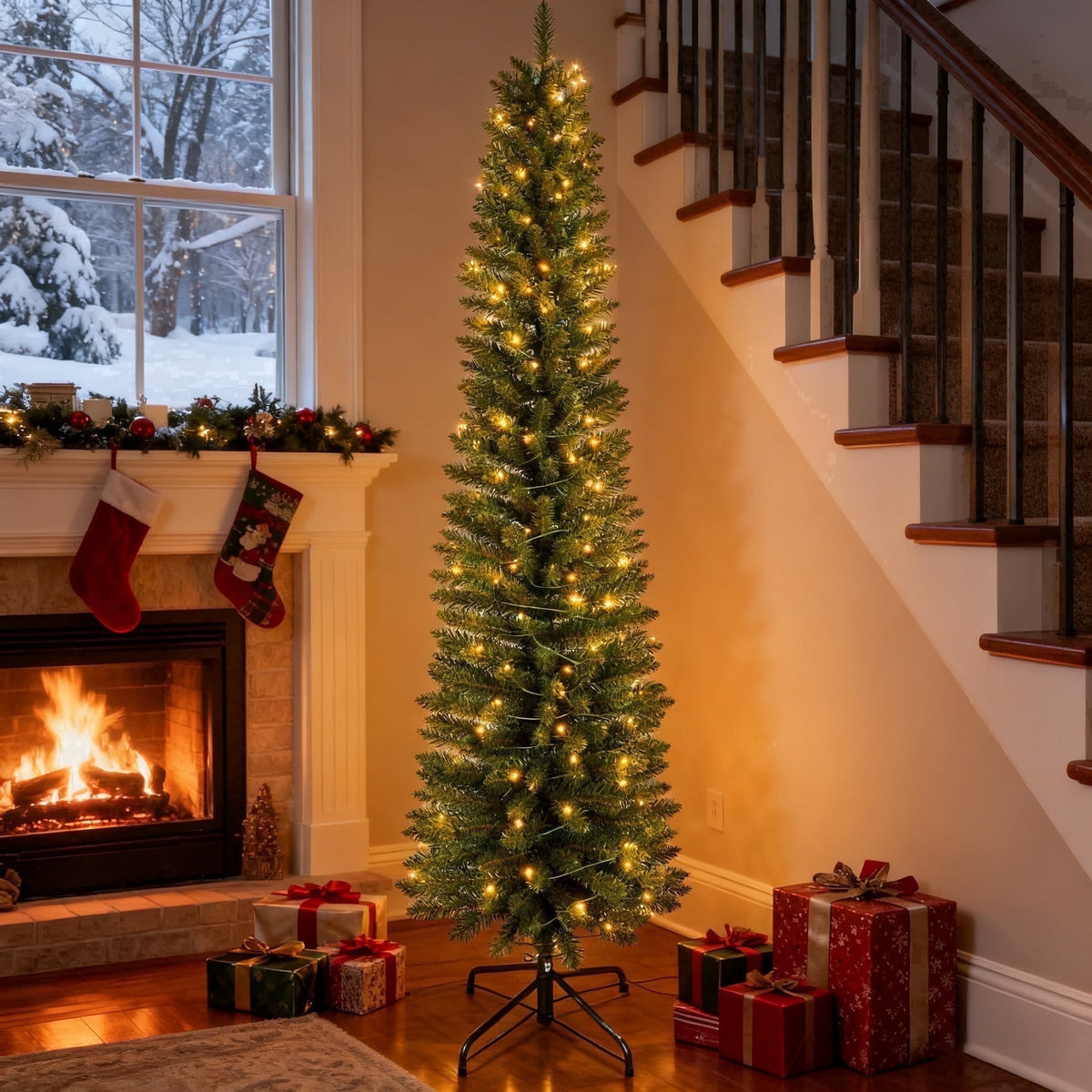 Makeatree 6 ft Pre-Lit Pencil Christmas Tree, Green Slim Skinny Spruce Xmas tree Holiday Decoration with 150 LED Lights, Metal Hinges & Foldable Base