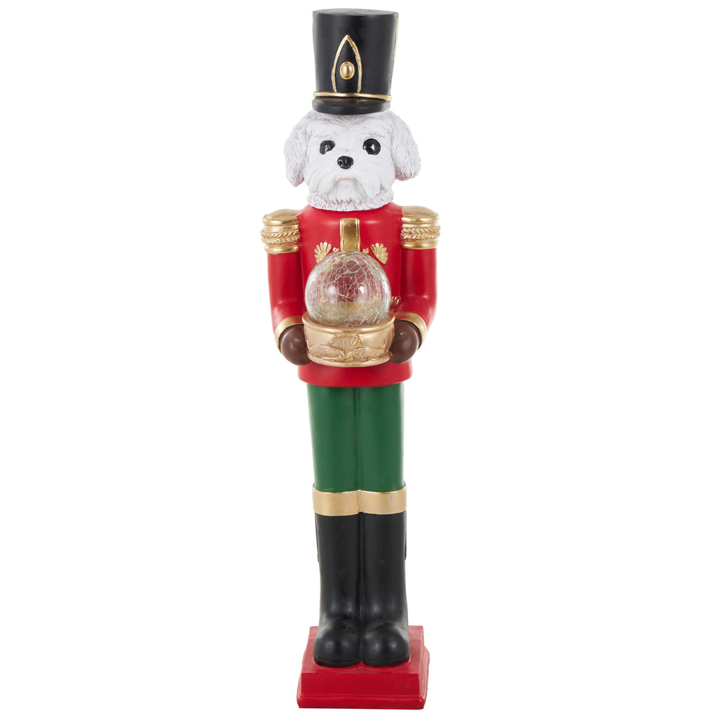 6" x 32" Red Fiberglass Tall Soldier Nutcracker Dog Christmas Sculpture with LED Light Snow Globe, by DecMode