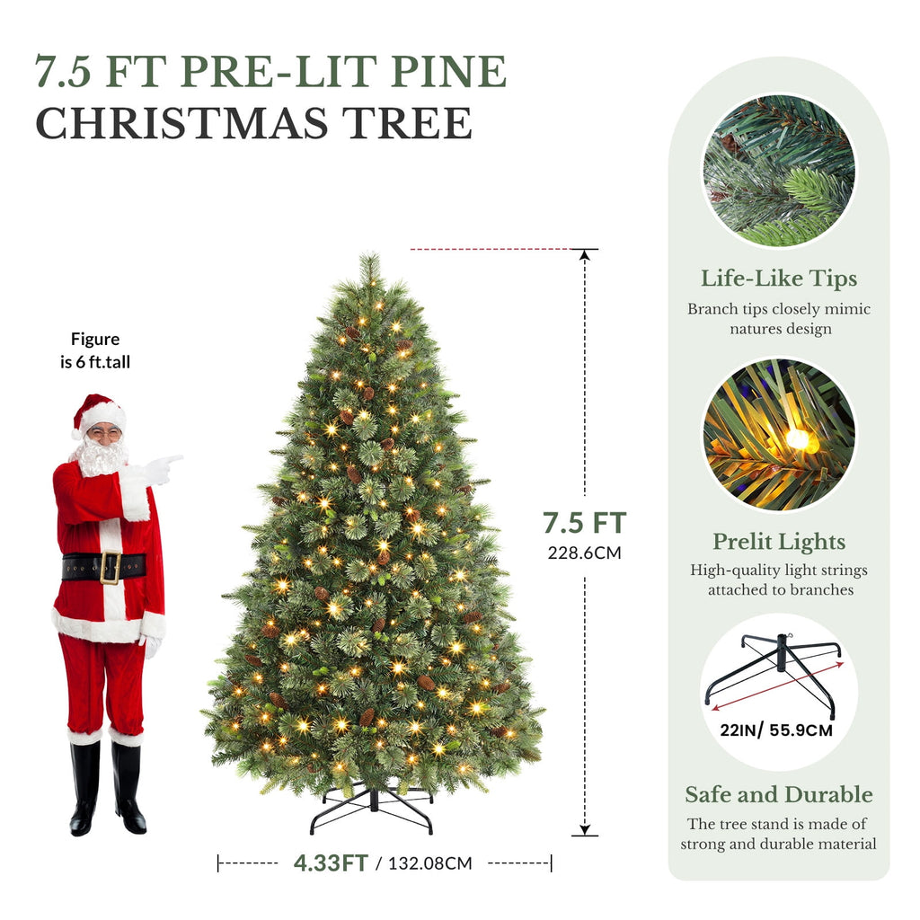 Lolsea 5.5ft Prelit PE Pine Artificial Christmas Tree with Lifelike Needles & Pine Cones, Remote Control, Warm White & Multi‑Color LED Lights