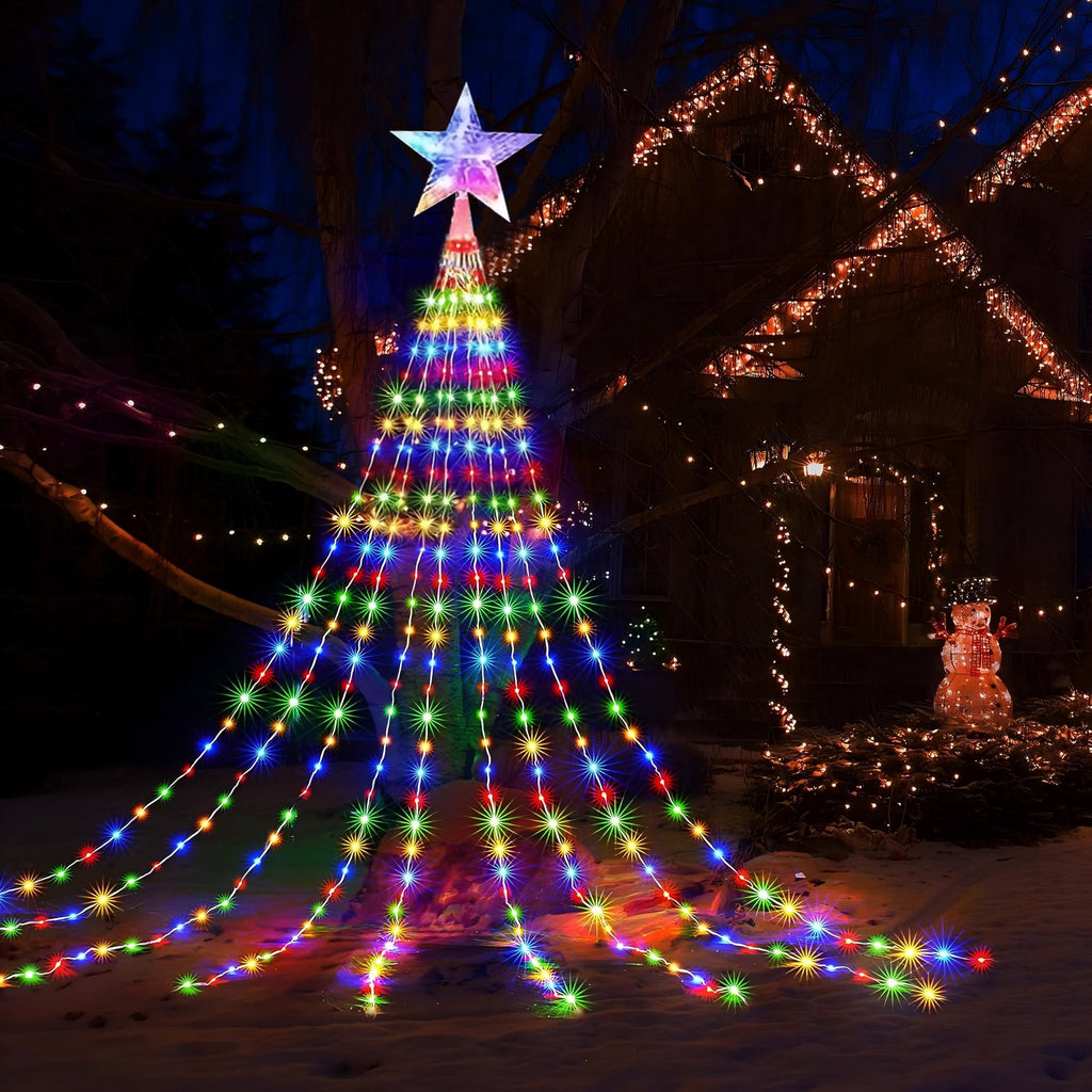 PMMIPNW Christmas Tree Lights Plug in 180LED, 8 Modes Christmas String Light with Topper Star, Waterfall Xmas Tree Lights with Timer for 6ft - 8ft Tree Wall Decoration (Multicolor)