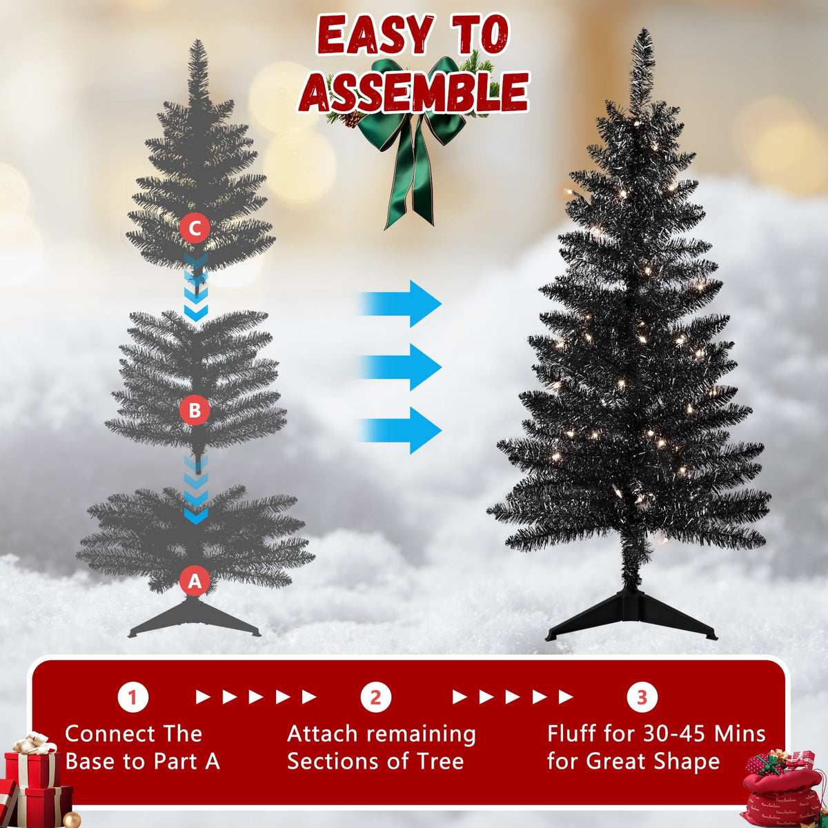 Bringstar 4FT Silver Artificial Christmas Tree with 50 String Lights, Mini Tinsel Tree, Not Pre-Lit, for Halloween & Holiday Home & Office Décor