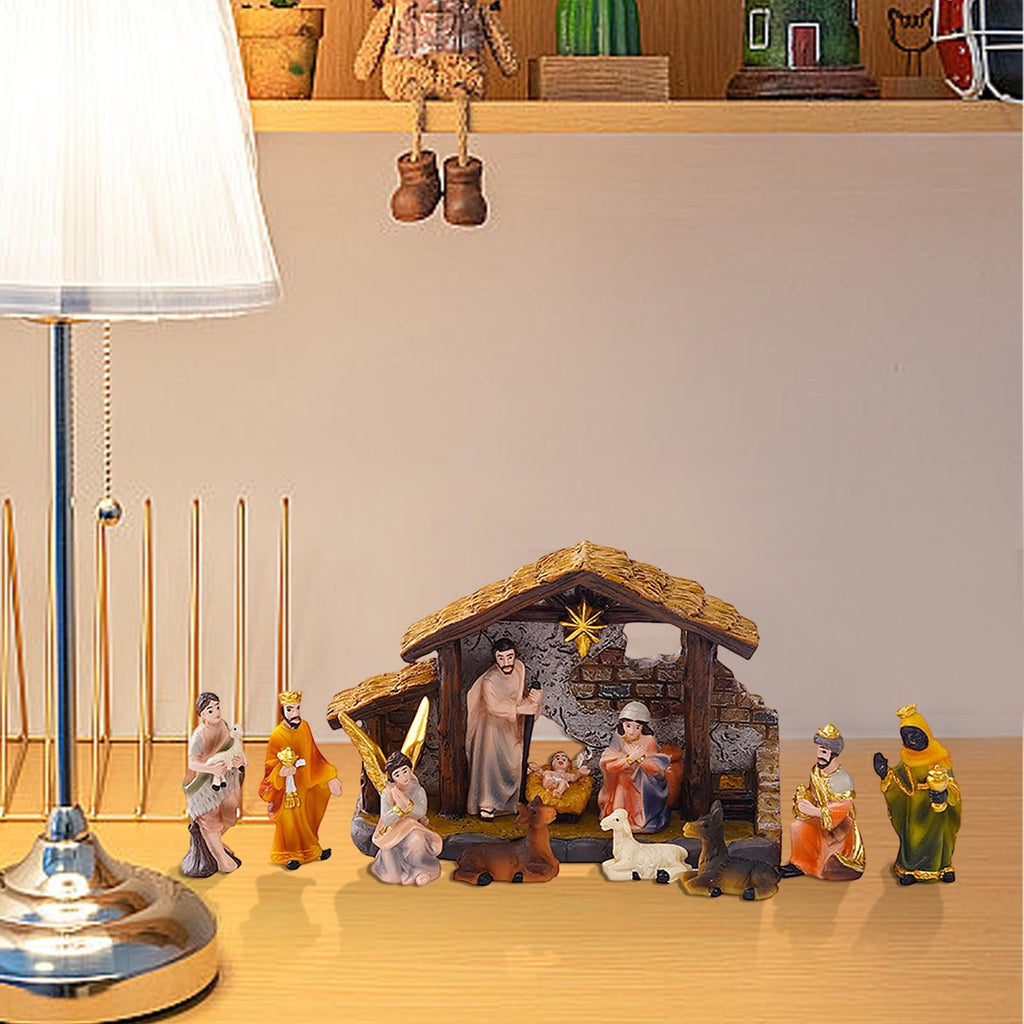 CaiYueKe Hand-Painted Nativity Scene Set, Resin Christmas Manger Ornaments Tabletop Decor, Religious Holiday Display for Home, Festive Christian Gift for Family