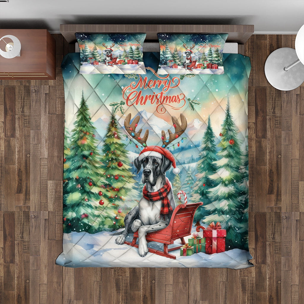 Merry Christmas Santa Reindeer Antlers French Bulldog Sleigh Xmas Winter Holiday Quilt Bedding Set Dog Lover Gifts 1 Blanket Bed Cover 2 Pillowcases - 00023