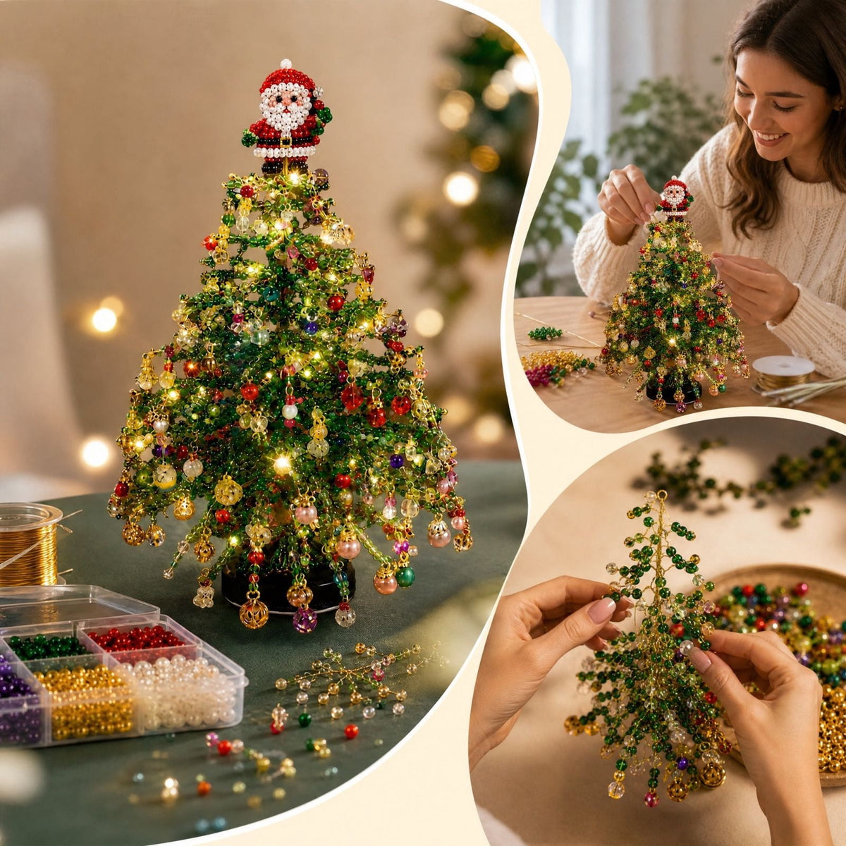 DIY Beaded Christmas Tree Kit - Handmade Mini Tabletop Xmas Tree with Santa Topper, Built-In Warm Lights, Holiday Decor Craft Gift for Adults