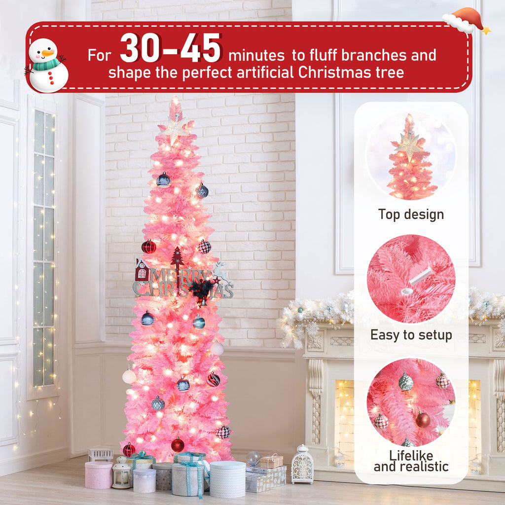 VEIKOUS 6ft Christmas Tree Crooked Neck with Topper, Prelit Xmas Tree with 200 LED Lights & 536 Branch Tips, Bendable Top Christmas Slim Tree for Holiday Decor, Green