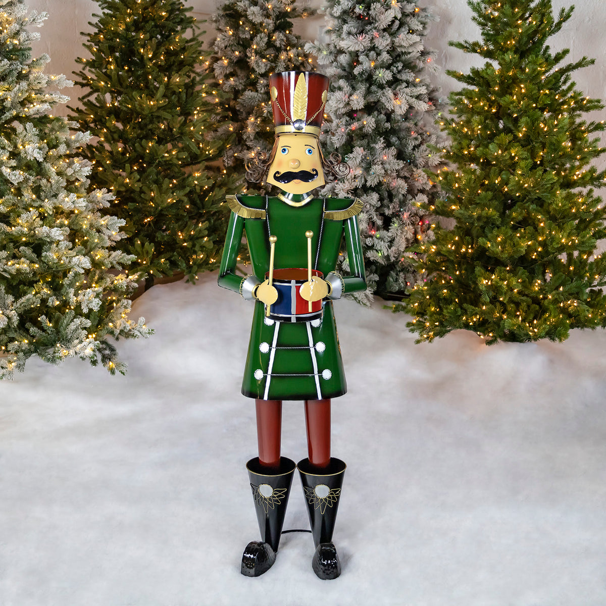 59” Tall Iron Christmas Green Nutcracker Holding Drum “Leo”