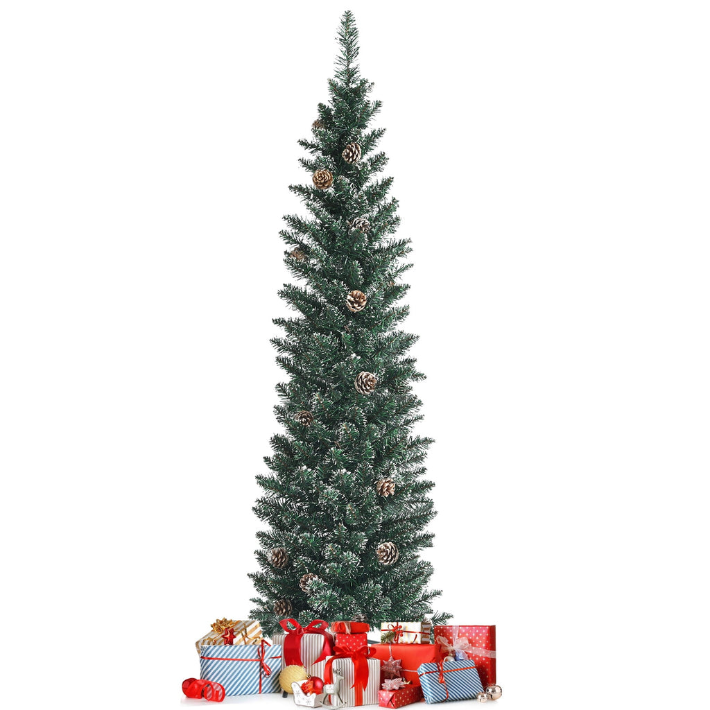 Topbuy 5FT Slim Pencil Tree Snowy Artificial Christmas Tree with 214 PVC Branch Tips & 25 Pine Cones Full Holiday Decoration Tree for Xmas