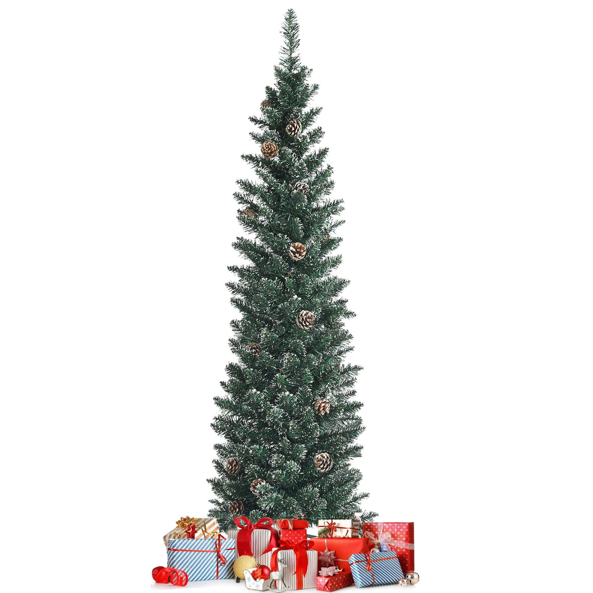 Topbuy 5FT Slim Pencil Tree Snowy Artificial Christmas Tree with 214 PVC Branch Tips & 25 Pine Cones Full Holiday Decoration Tree for Xmas