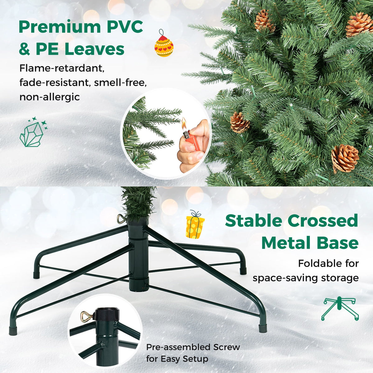 Gymax 7.5 FT Pre-Lit Artificial Christmas Tree, Realistic Xmas Tree w/ 540 Warm White LED Lights 1125 Dense Branch Tips