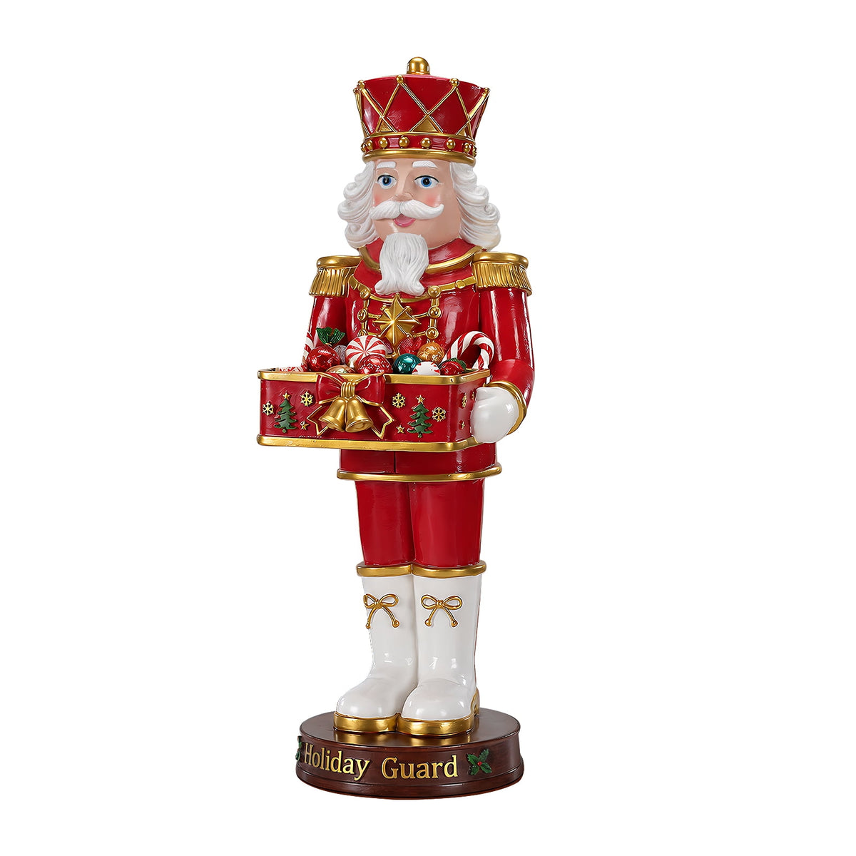 Christmas Nutcracker Soldier Statue with Serving Tray, Red & Gold Holiday Guard Figurine