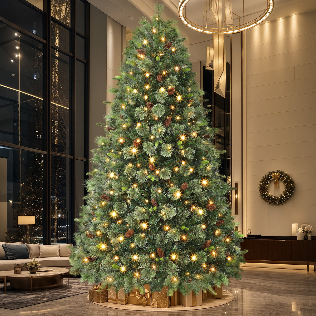 Lolsea 5.5ft Prelit PE Pine Artificial Christmas Tree with Lifelike Needles & Pine Cones, Remote Control, Warm White & Multi‑Color LED Lights