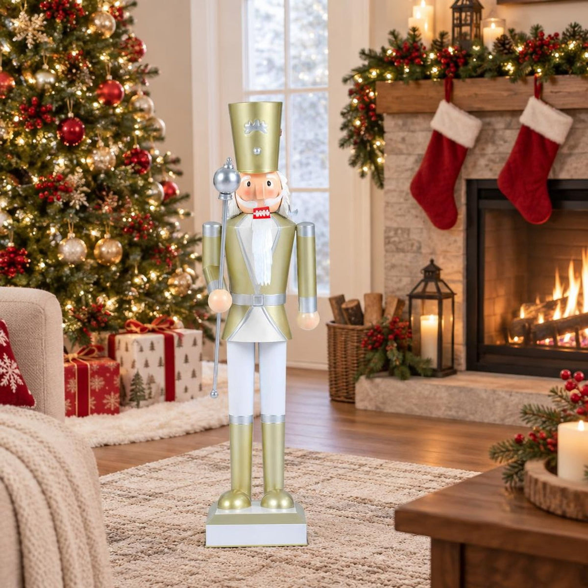 RUIE Christmas Nutcracker with High Hat and Beautiful Scepter-White & Golden, 32.5 Inch, White, 7.5" x 7.5" x 32.5" Overall, Metal Construction