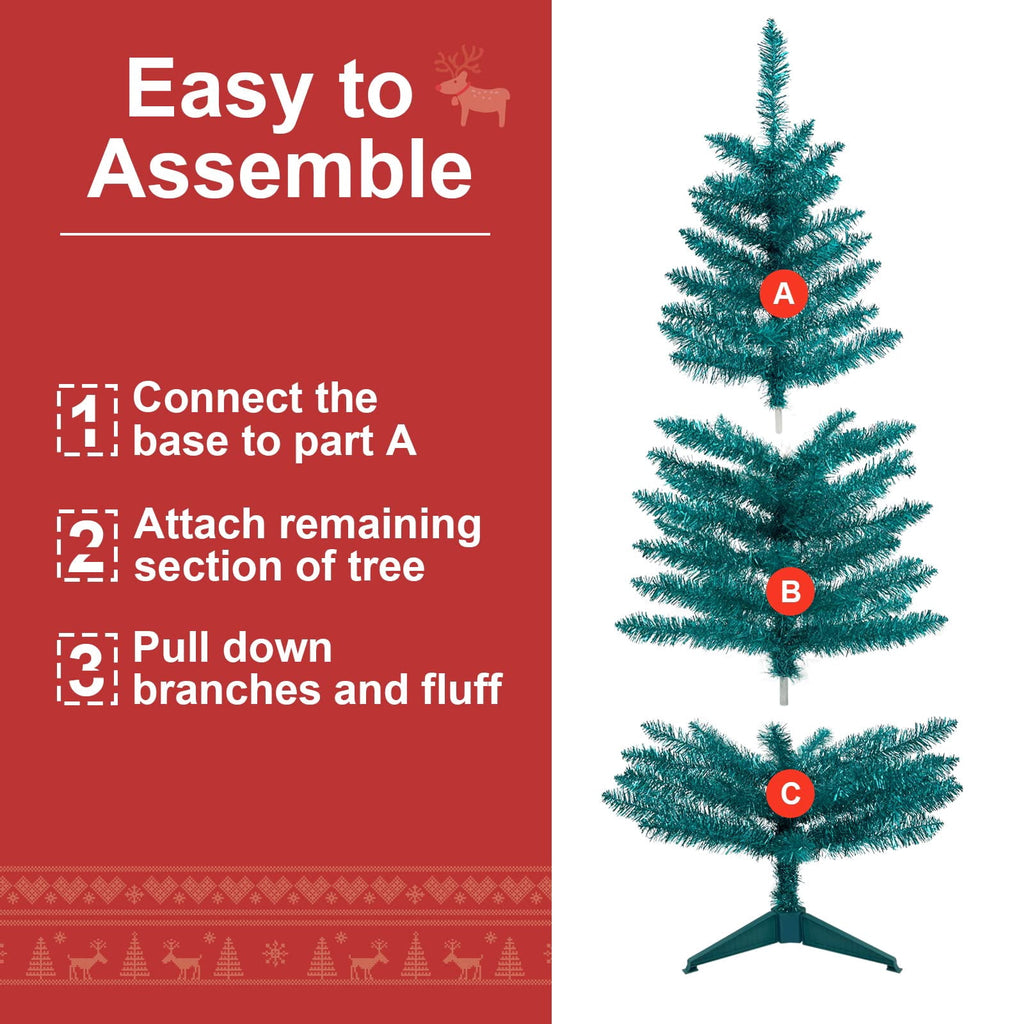 Bringstar 4FT Silver Artificial Christmas Tree with 50 String Lights, Mini Tinsel Tree, Not Pre-Lit, for Halloween & Holiday Home & Office Décor