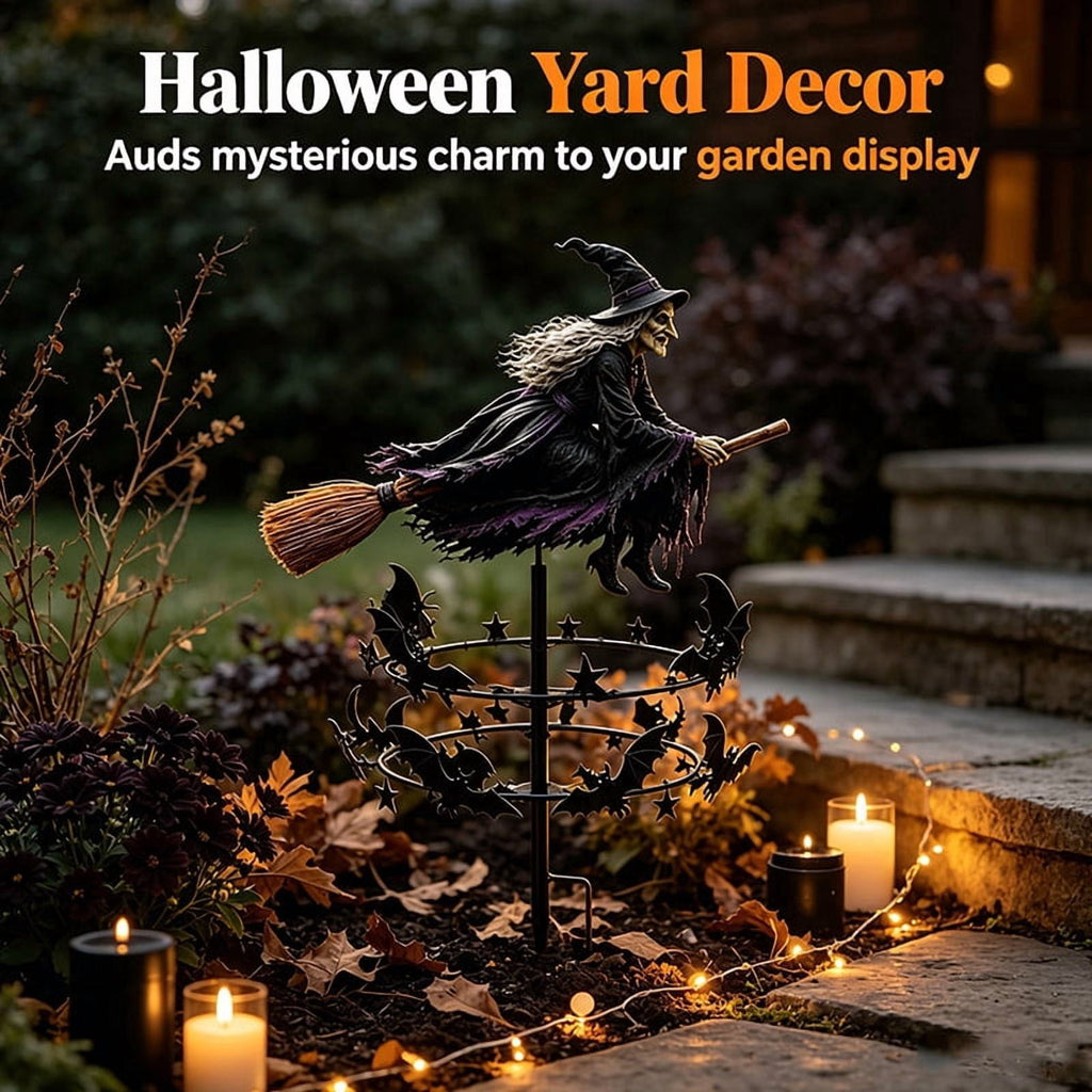The Enchanted Witch Garden Wind Spinner, Flying Witch on Broom Metal Stake with Bat & Star Ornaments, Weatherproof Yard Outdoor Lawn Patio Pathway Fall Halloween Garden Decor