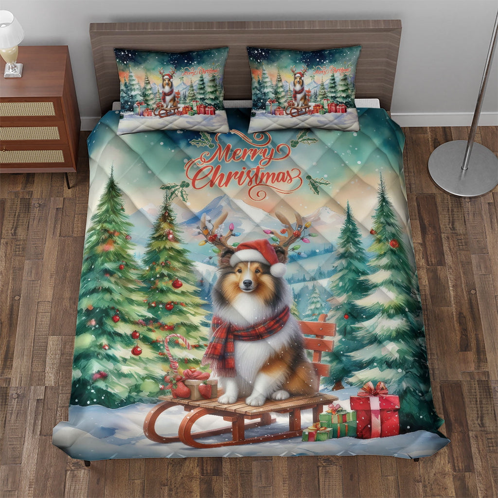 Merry Christmas Santa Reindeer Antlers French Bulldog Sleigh Xmas Winter Holiday Quilt Bedding Set Dog Lover Gifts 1 Blanket Bed Cover 2 Pillowcases - 00023