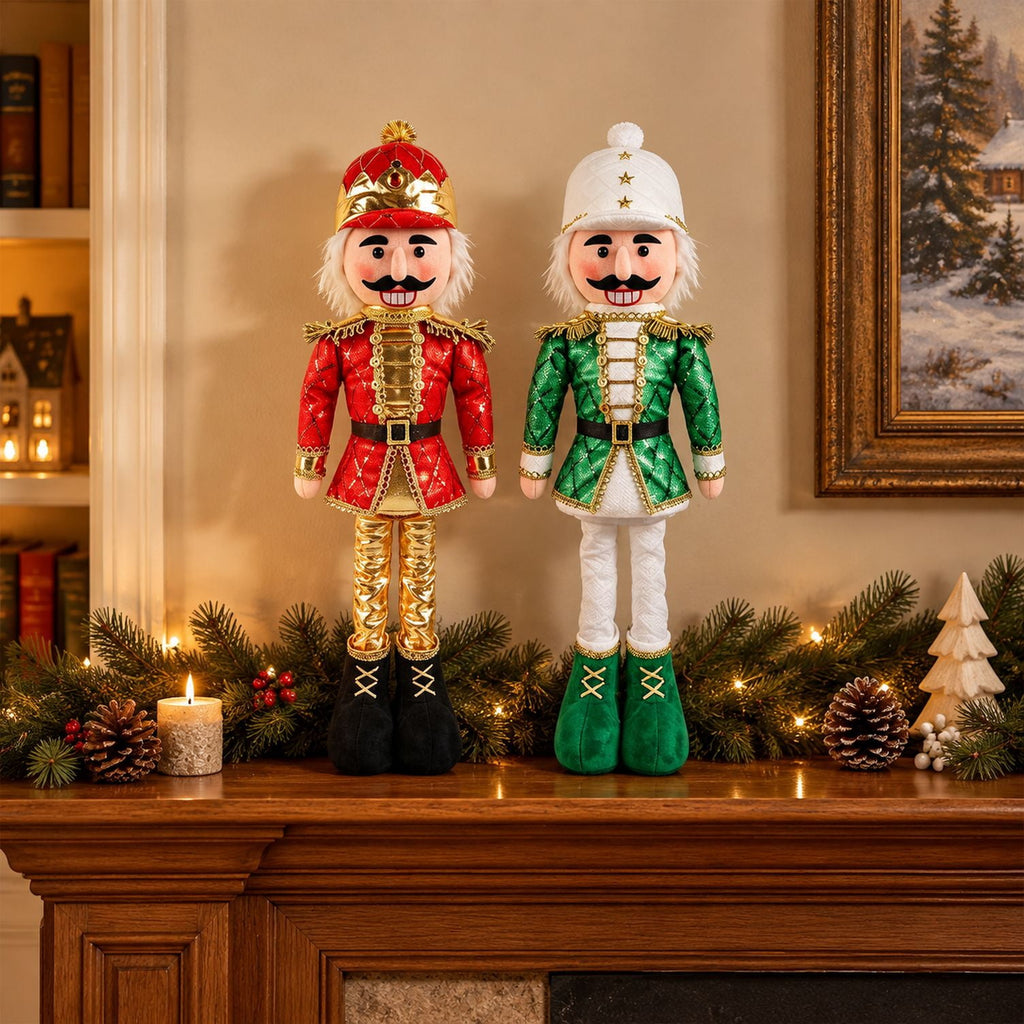 Christmas Nutcracker Figurines with Stretchable Legs, 2 Pack, 21 to 28 Inches, Red and Green Fabric, for Mantel and Home Decor