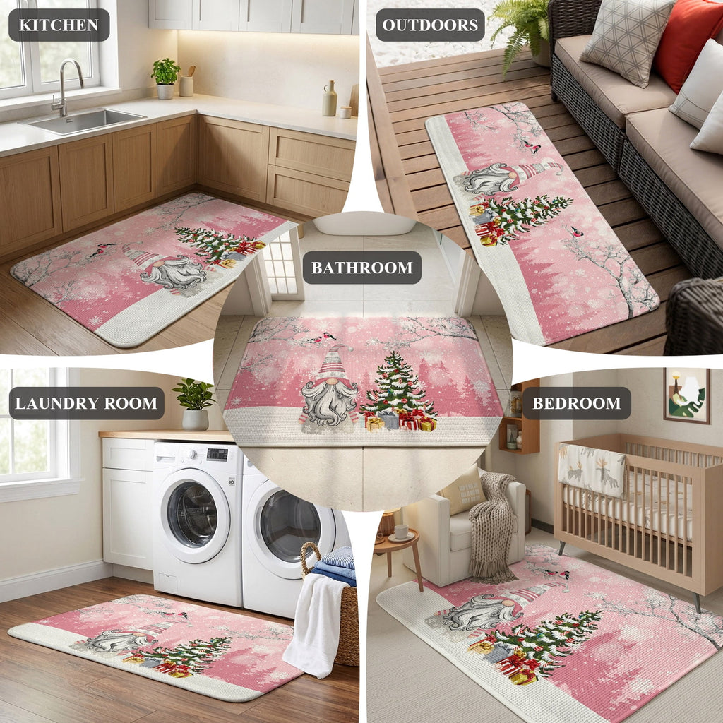 Pink Gnomes Christmas Washable Area Rugs for Living Room Bedroom, Large Non Slip Indoor Floor Carpet Absorbent Xmas Tree Gifts Winter Snowflake Birds Door Mat Rugs for Bathroom Entryway 47.2"x63"