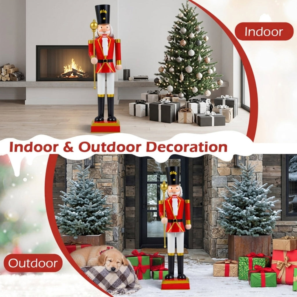 RUIE 32.5 Inch Christmas Nutcracker with High Hat and Scepter, Black & Red Metal Nutcracker Soldier with Hidden Storage for Indoor Outdoor Holiday