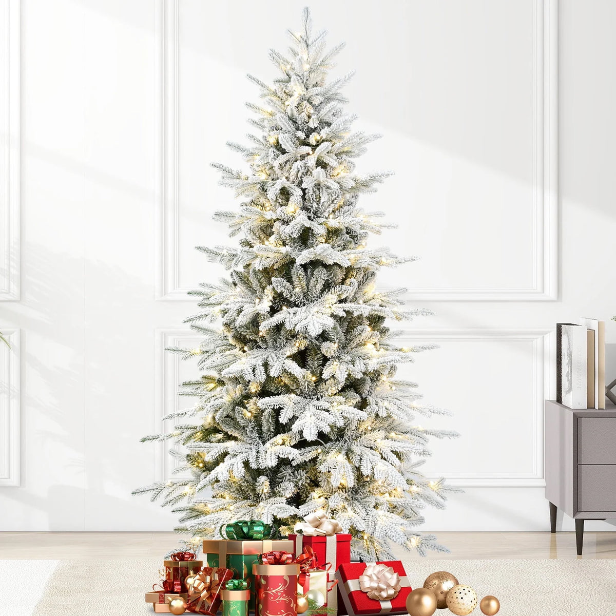 Mayhihi 7 ft Pre-Lit Flocked Christmas Tree, Artificial Tree with 400 Multicolored & White LED Lights, 2086 PE & PVC Branches