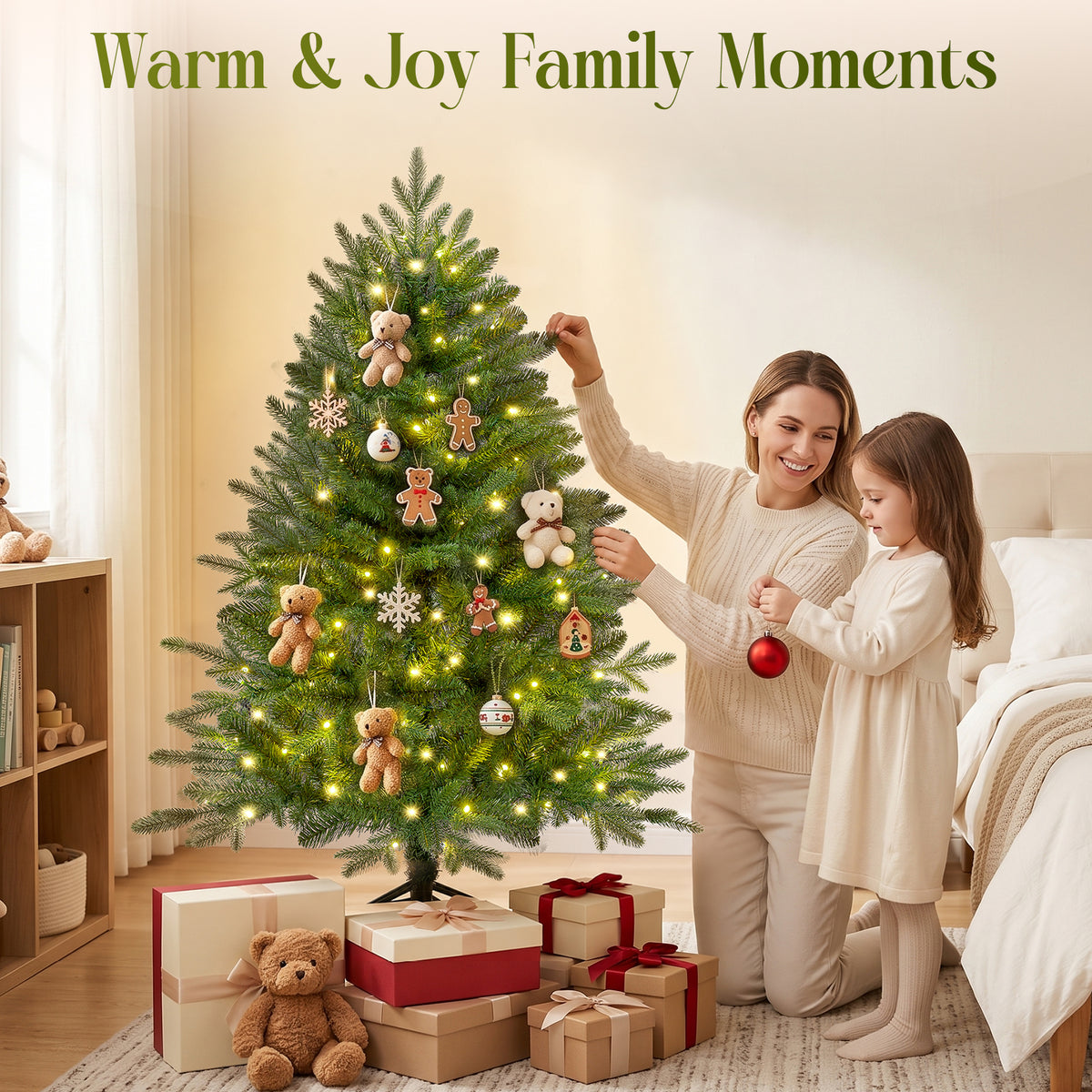 Goosiay Pre-Lit Hinged Artificial Christmas Tree with 100 Warm White and Multicolor LED Lights, PE & PVC Mixed Tips, 4 ft