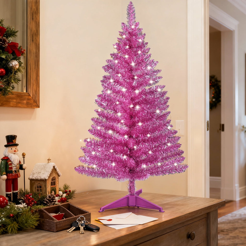 Bringstar 4FT Silver Artificial Christmas Tree with 50 String Lights, Mini Tinsel Tree, Not Pre-Lit, for Halloween & Holiday Home & Office Décor