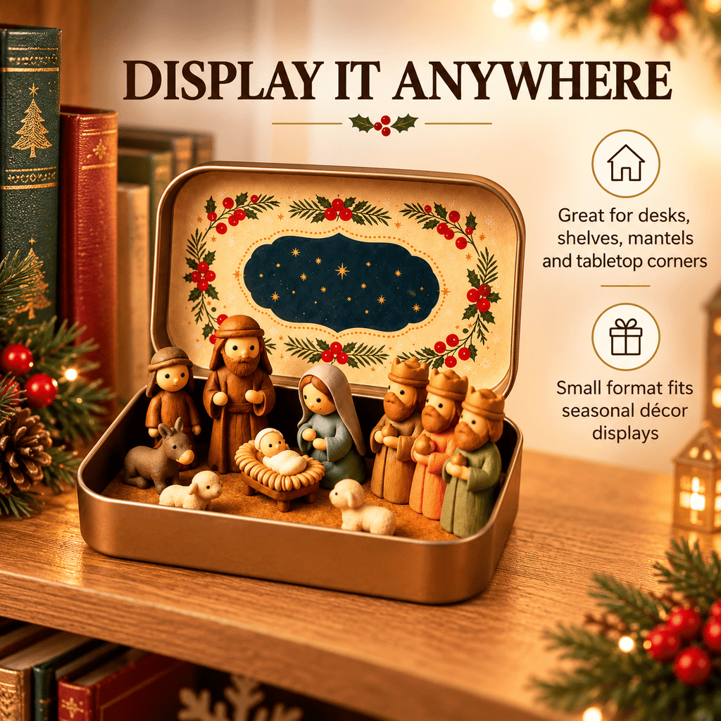 Christmas Nativity Scene in a Tin Mini Manger Scene Portable Tin Box Tabletop Decor for Mantel Shelf Fireplace Desk Holiday Decoration