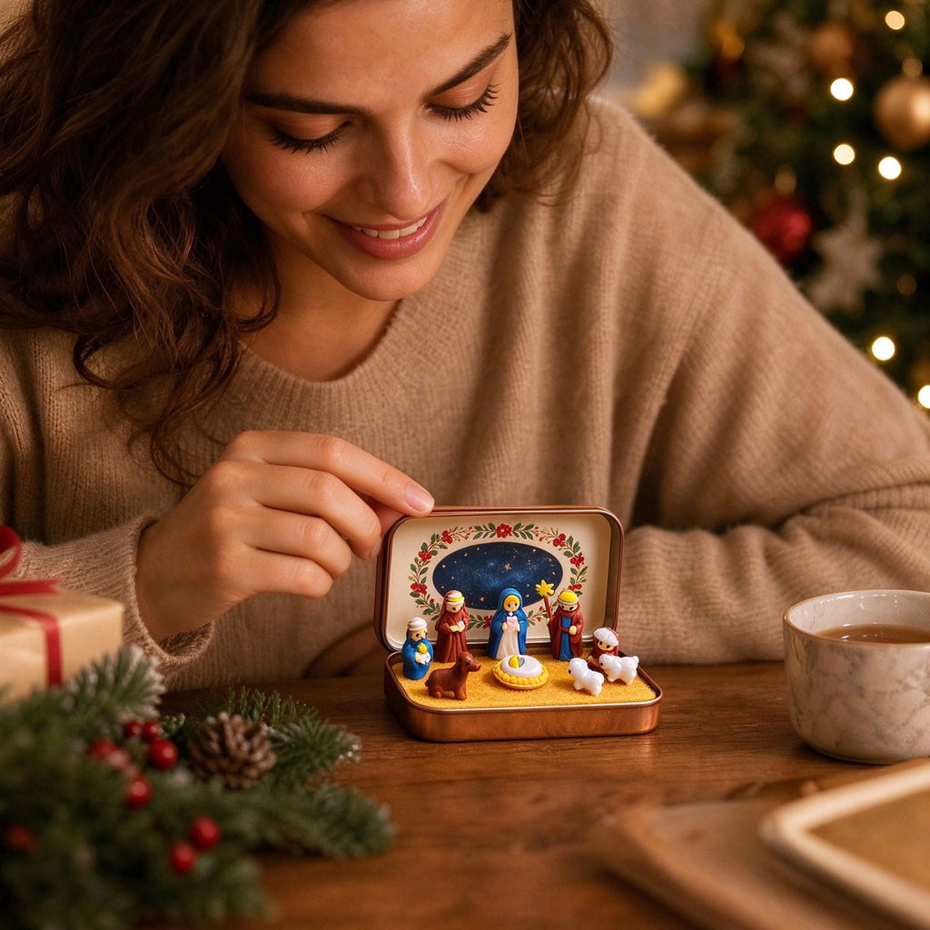 Daghihgewr Mini Christmas Nativity Set Tabletop Tin Box Multicolor Indoor Religious Ornament 1-Count 3.9 x 2.8 x 1.2 Inch