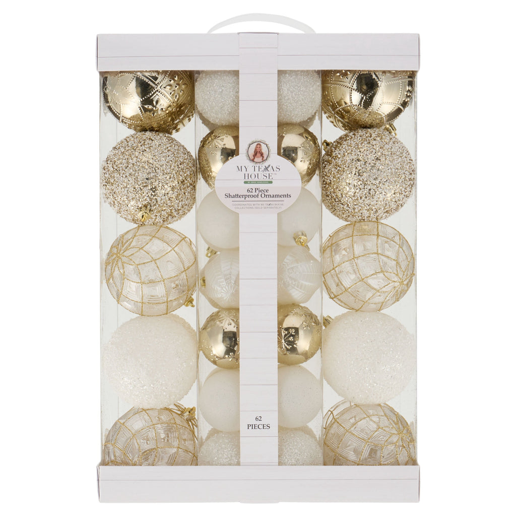 My Texas House 62-Count Gold and White Shatterproof Christmas Ornaments