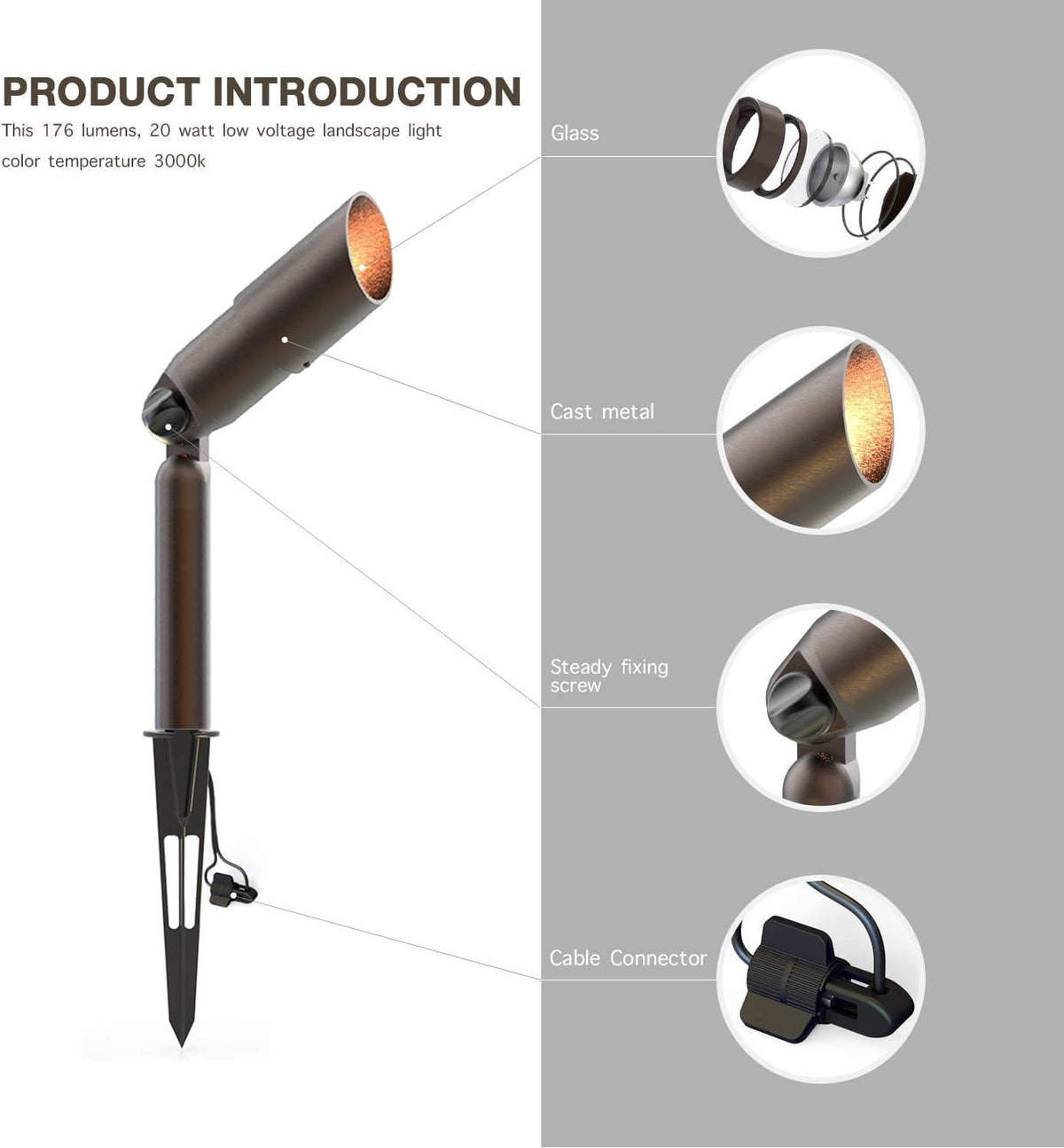 GOODSMANN 8PK Landscape Lighting Low Voltage Spotlight 20 Watts Halogen with Metal Stake and Connector 176 Lumens 3000K for Outdoor Lighting Pathway Lawn Garden 9920-9603-08