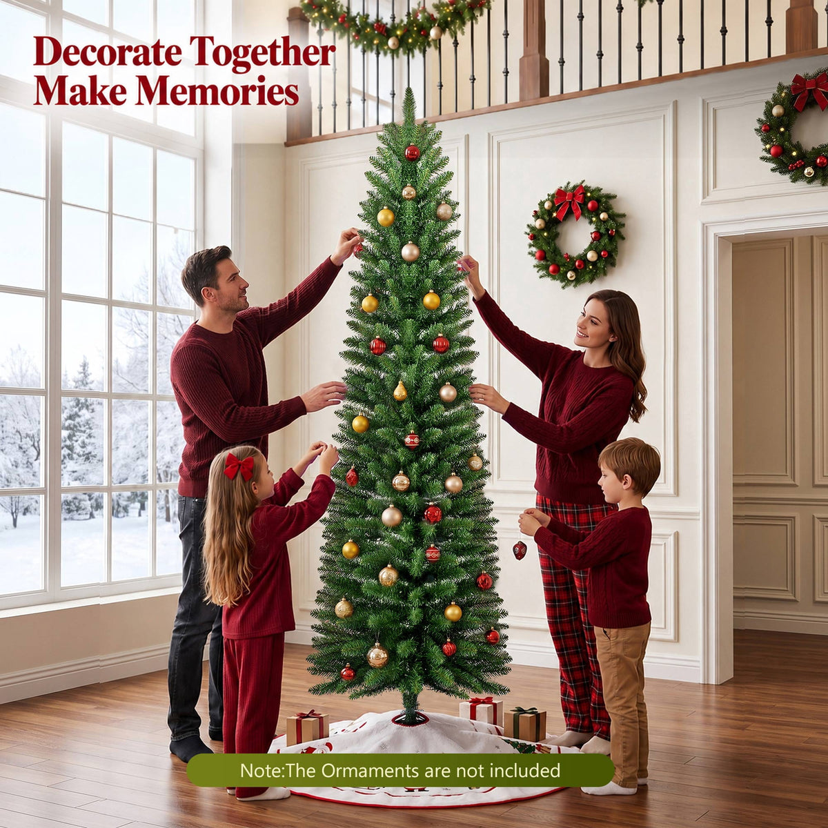 Goosiay Pre-Lit Pencil Artificial Christmas Tree, 6ft Xmas Tree with Metal Stand for Christmas Decoration, Green