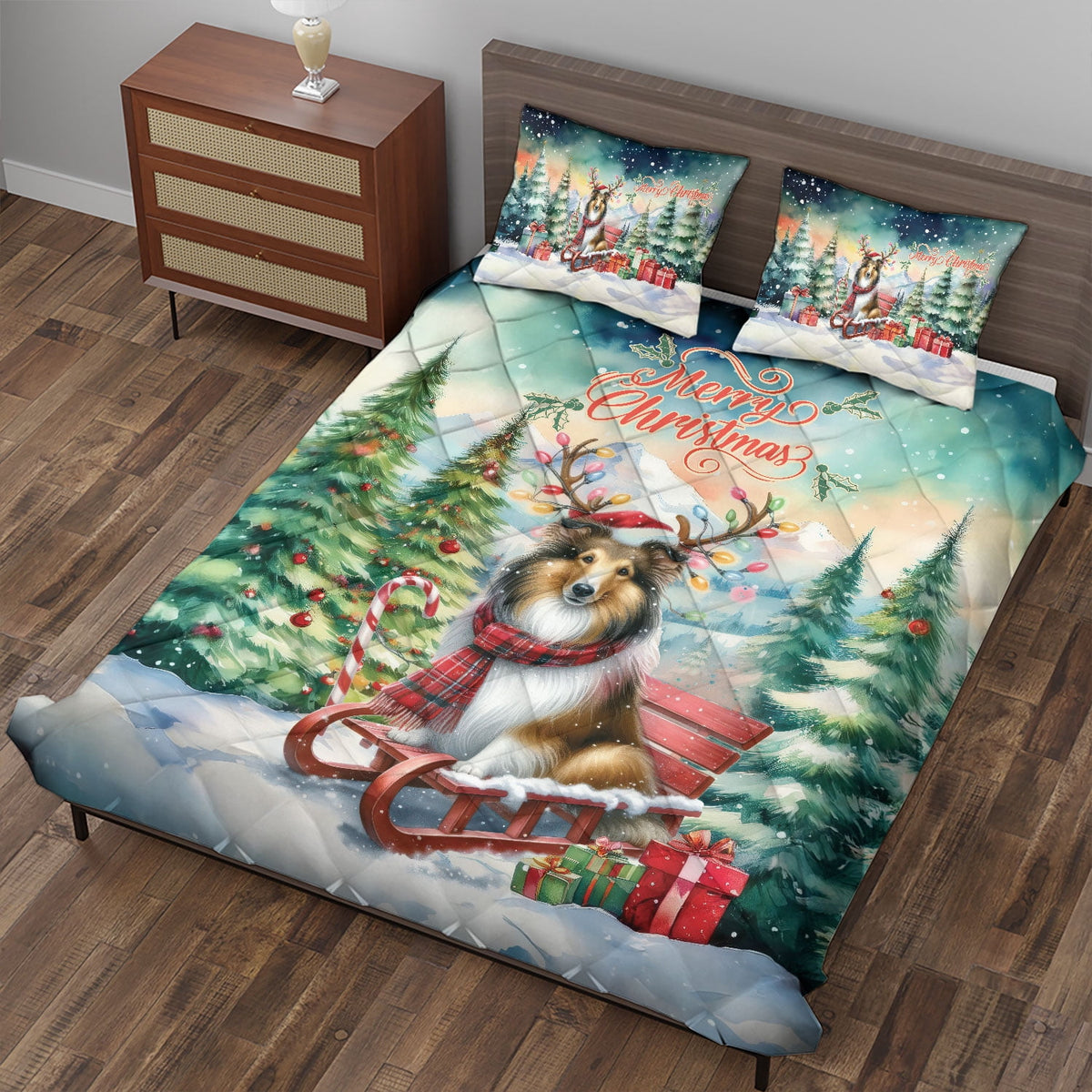 Merry Christmas Santa Reindeer Antlers French Bulldog Sleigh Xmas Winter Holiday Quilt Bedding Set Dog Lover Gifts 1 Blanket Bed Cover 2 Pillowcases - 00023