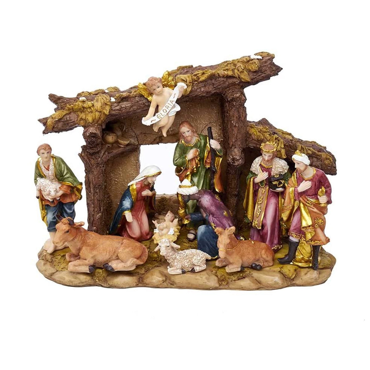 Kurt S. Adler Resin Stable- Kurt Adler Nativity Set with Figures, Brown, 10.38in, 11-Piece