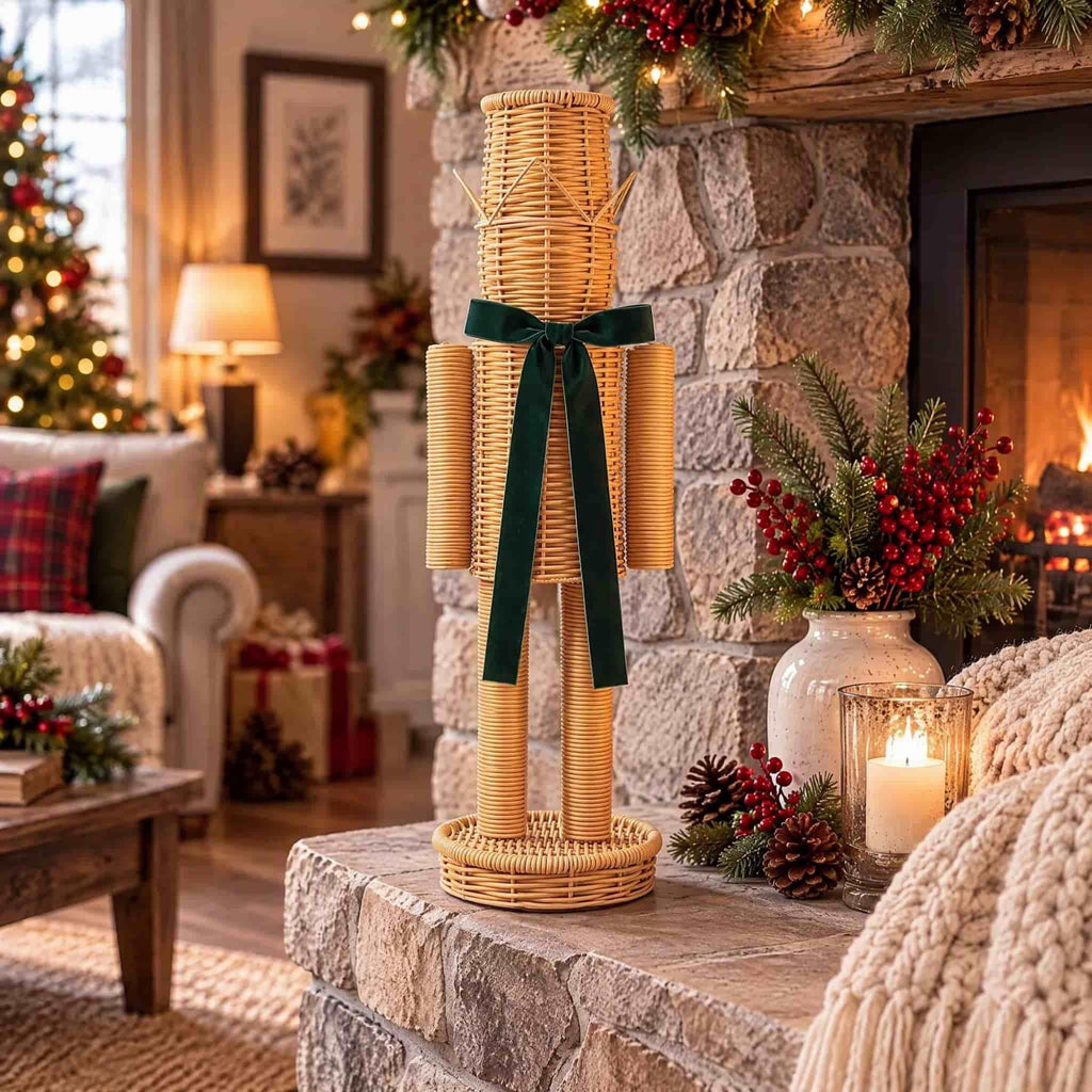 15.7 Inch Resin Nutcracker with Velvet Bow, Christmas Farmhouse Decor, Large Rattan Imitation Soldier Figurine for Floor Mantel Table Home,Rustic Winter Holiday Outdoor Decor,2PCS