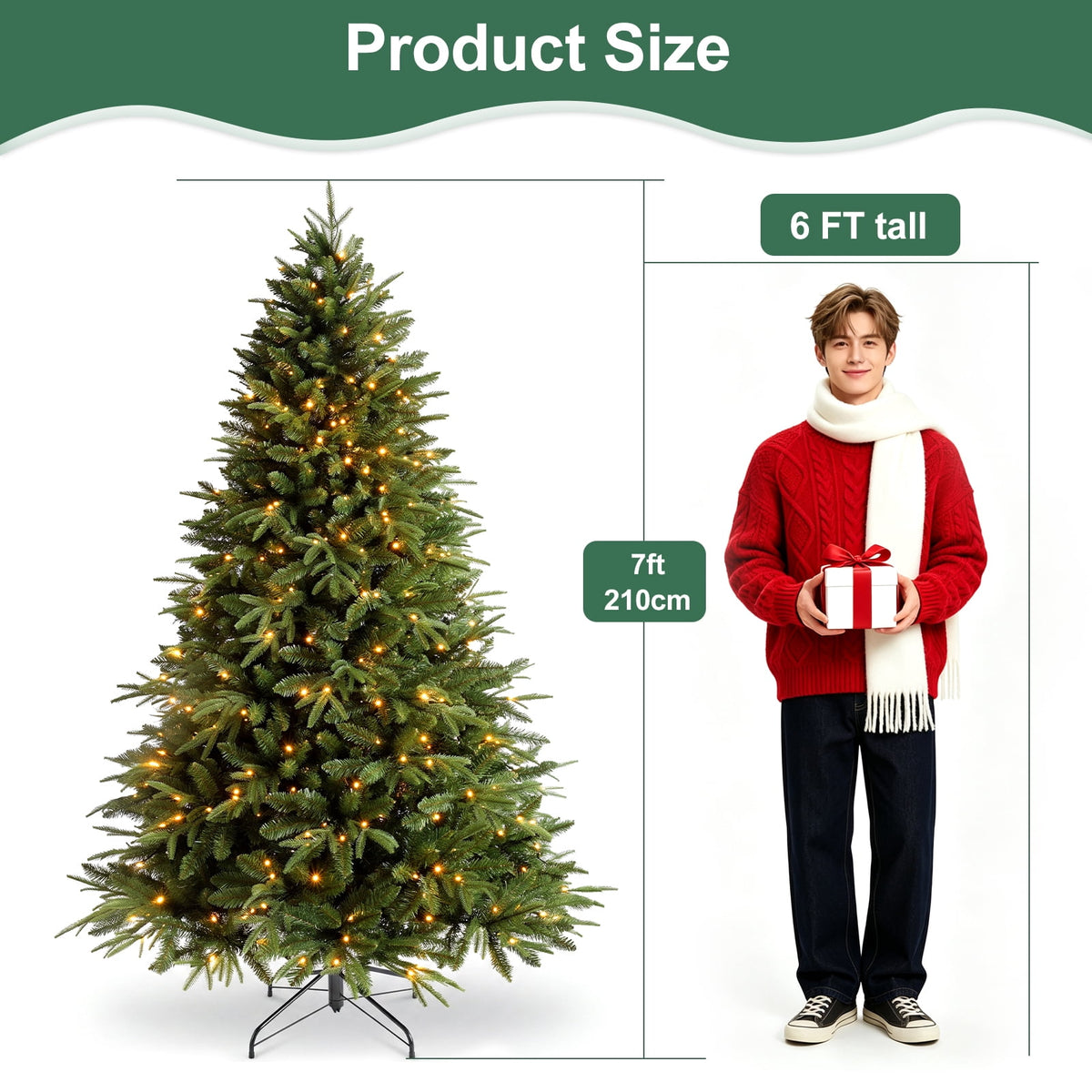 7ft Prelit Artificial Christmas Tree, 1300 PE/PVC Tips, Living Room Full Realistic Shape Spruce Xmas Tree with LED Lights, Foldable Metal Stand, Easy Assembly, for Home Office Holiday Decor