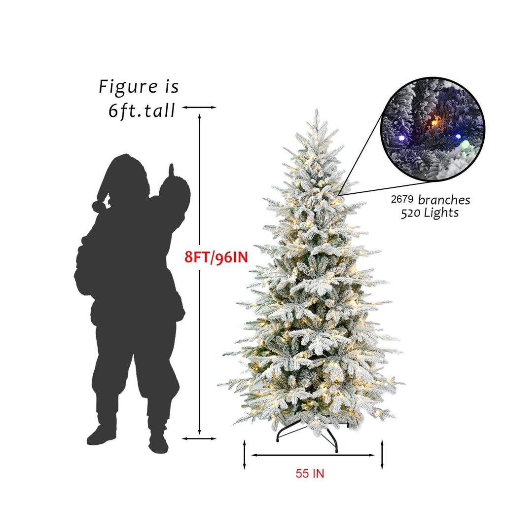 Makeatree 6 ft Prelit Snow Flocked Christmas Tree Frosted Artificial Xmas Tree with Multicolor Lights &1582PE PVC Tips, 9 Color Modes