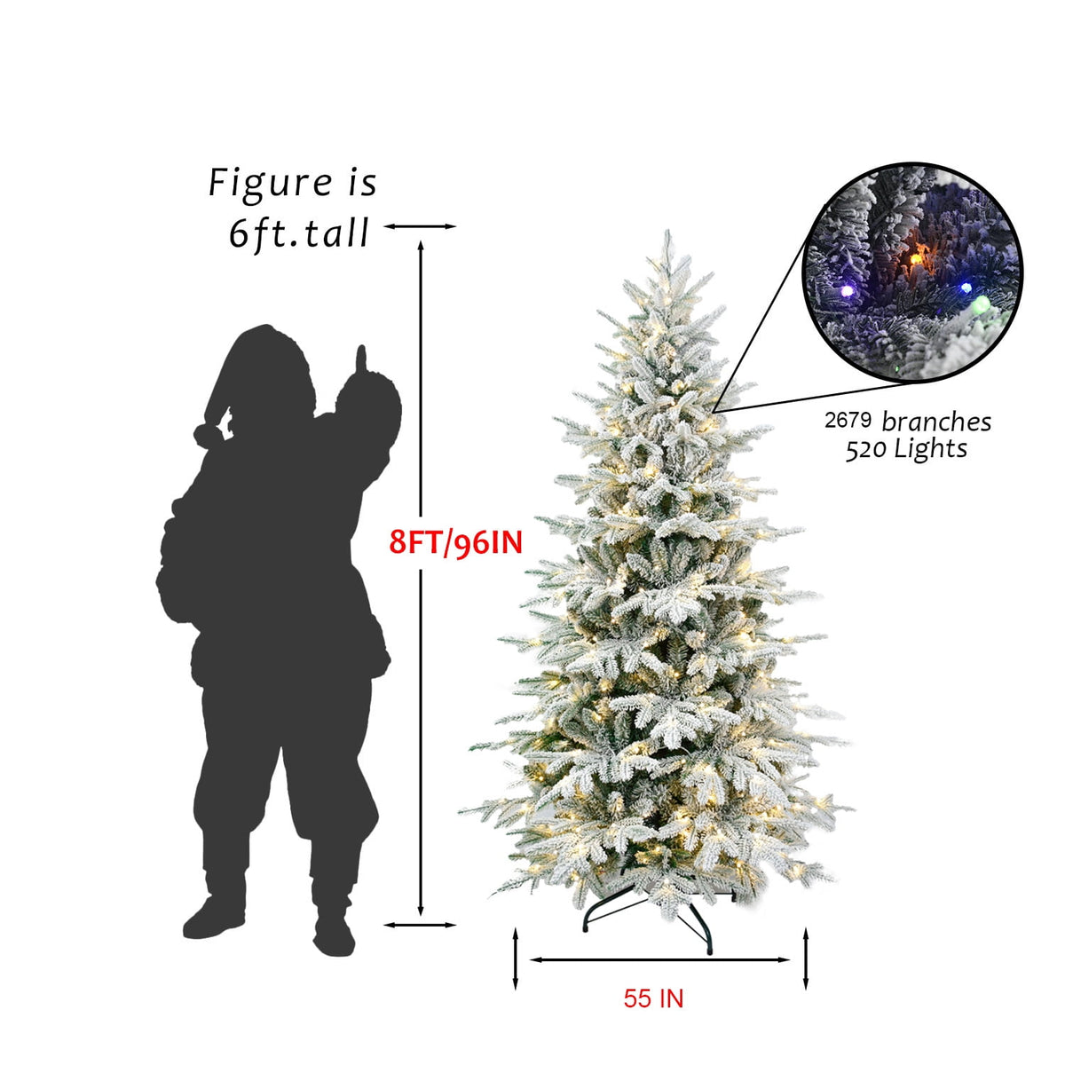 Makeatree 6 ft Prelit Snow Flocked Christmas Tree Frosted Artificial Xmas Tree with Multicolor Lights &1582PE PVC Tips, 9 Color Modes