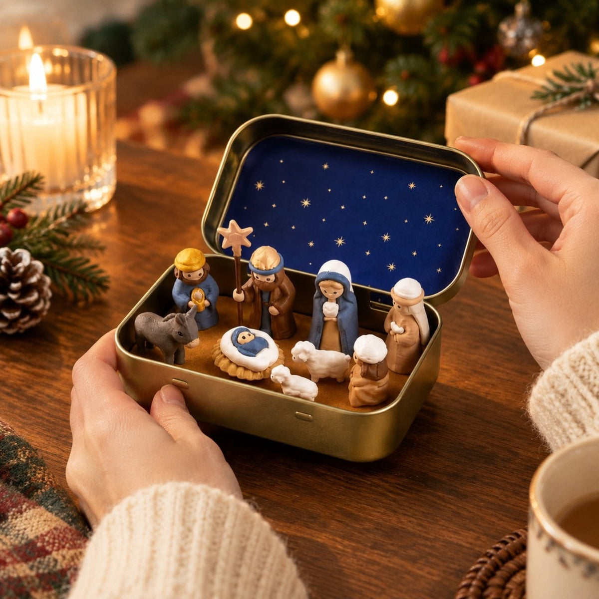 Mini Nativity in a Tin Box - 4.53" Nativity Scene Set with Holy Family Figurines, Portable Pocket Size Religious Christmas Decor Gift for Family, Gift Ideas