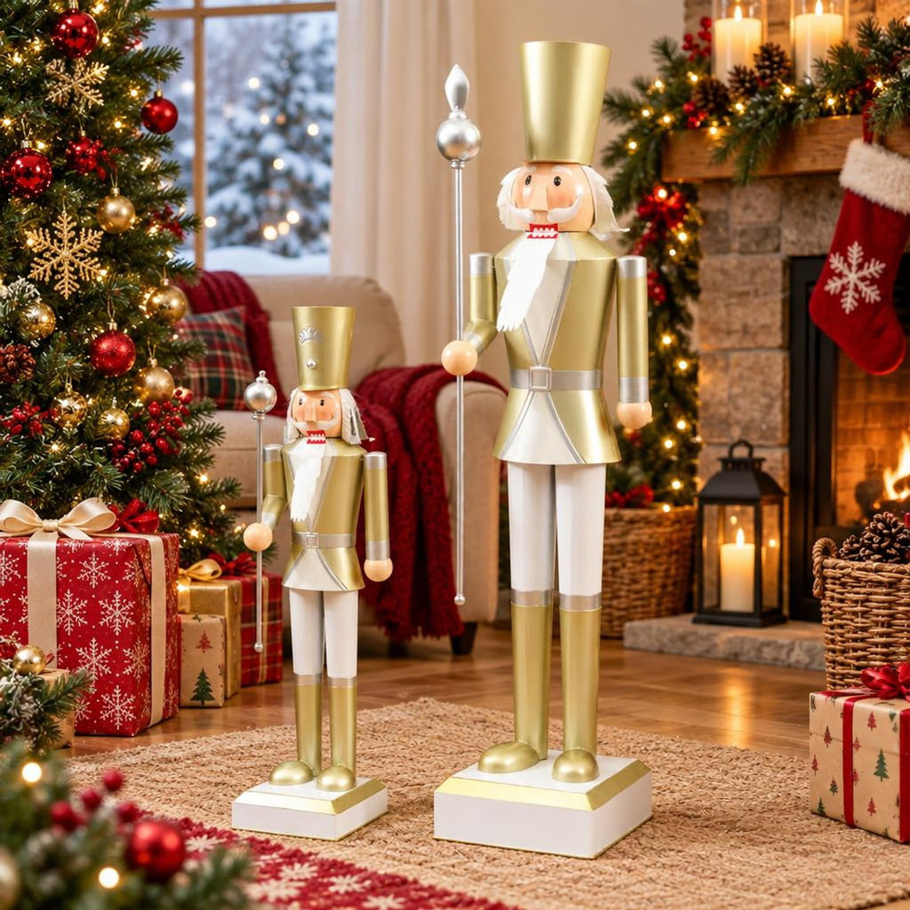 Airfind 32.5 Inch Christmas Nutcracker with High Hat and Beautiful Scepter-White & Golden, Metal Frame, 7.5" x 7.5" x 32.5" Footprint, White