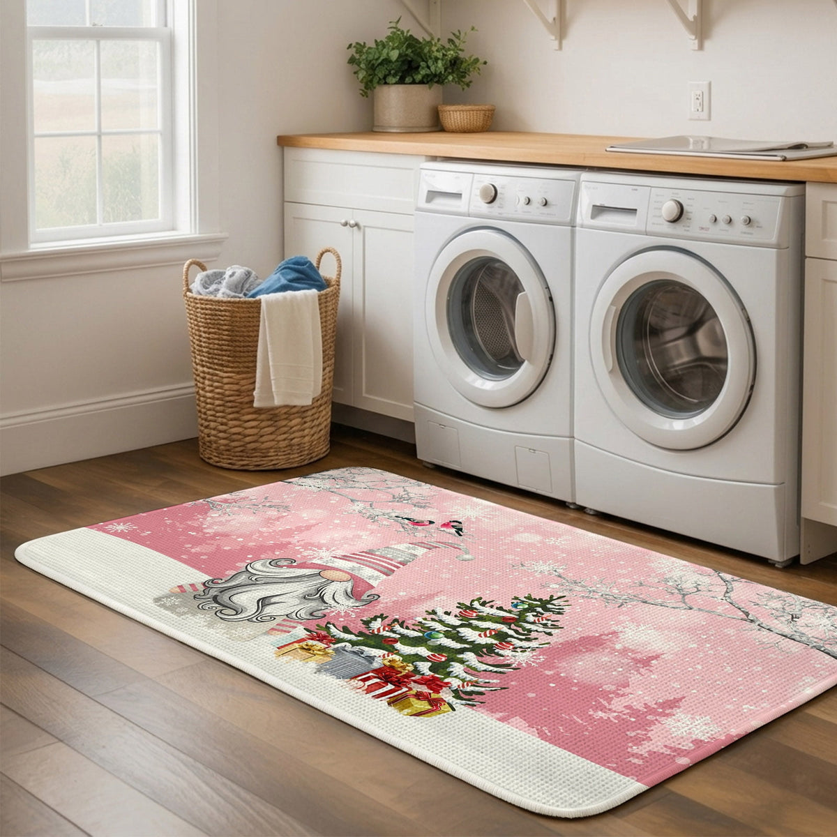 Pink Gnomes Christmas Washable Area Rugs for Living Room Bedroom, Large Non Slip Indoor Floor Carpet Absorbent Xmas Tree Gifts Winter Snowflake Birds Door Mat Rugs for Bathroom Entryway 47.2"x63"