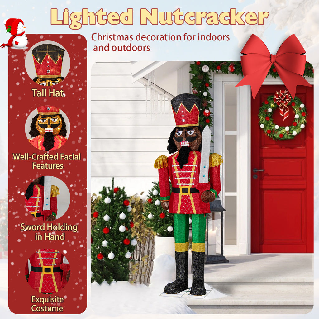 Gymax 5 FT Lighted Christmas Nutcracker w/Glitter Sword 100 LED Lights Ground Stakes