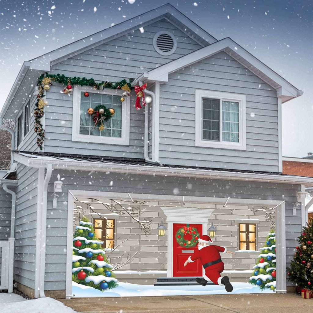 Fsddascl 7 x 16 Ft Christmas Garage Door Cover, Black Christmas Tree Large Garage Door Banner, Xmas Snowflake Green Golden Hanging Garage Mural Background for Indoor Outdoor Xmas Party Supplies