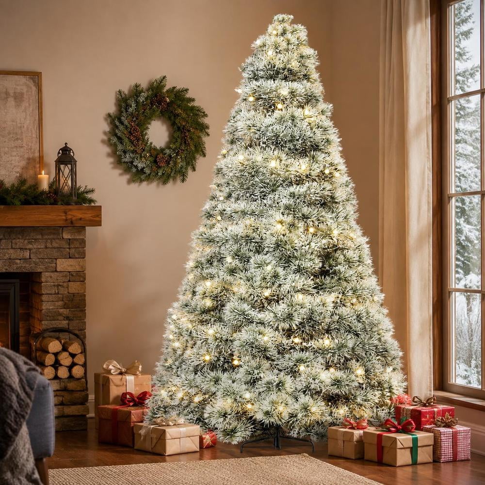 Artificial Christmas Tree, Pre-Lit Hinged Spruce, with Warm White Lights and Sturdy Metal Stand
