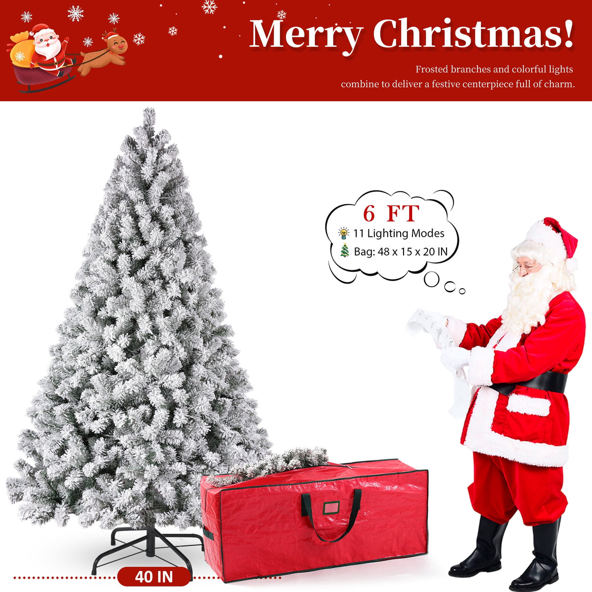 Yexmas 7.5FT Pre-Lit Snow Flocked Christmas Tree,Artificial White Christmas Tree with Large Christmas Tree Storage Bag,11 Modes Warm White & Multicolor LED Lights for Xmas Decoration
